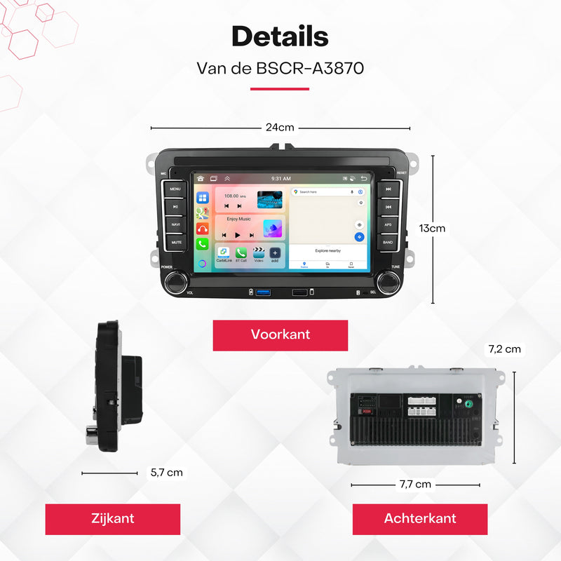 Boscer® Autoradio - Geschikt voor Volkswagen, Skoda & Seat - Apple Carplay & Android Auto - Android 15 - 4+64GB - 7 Inch HD Touchscreen - Bluetooth, USB, Wifi & MP5 - Navigatiesysteem - Achteruitrijcamera & Microfoon - 2025 Model