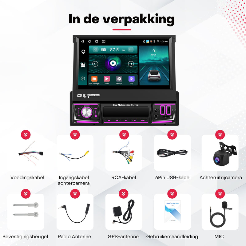 Boscer® 1Din Autoradio - Android 15 - Apple Carplay & Android Auto (Draadloos) - 4+64GB - 7 Inch IPS HD Handmatig Klapscherm - Navigatiesysteem - Bluetooth, Aux, USB, SD & MP5 - GPS - WIFI - Achteruitrijcamera & Microfoon