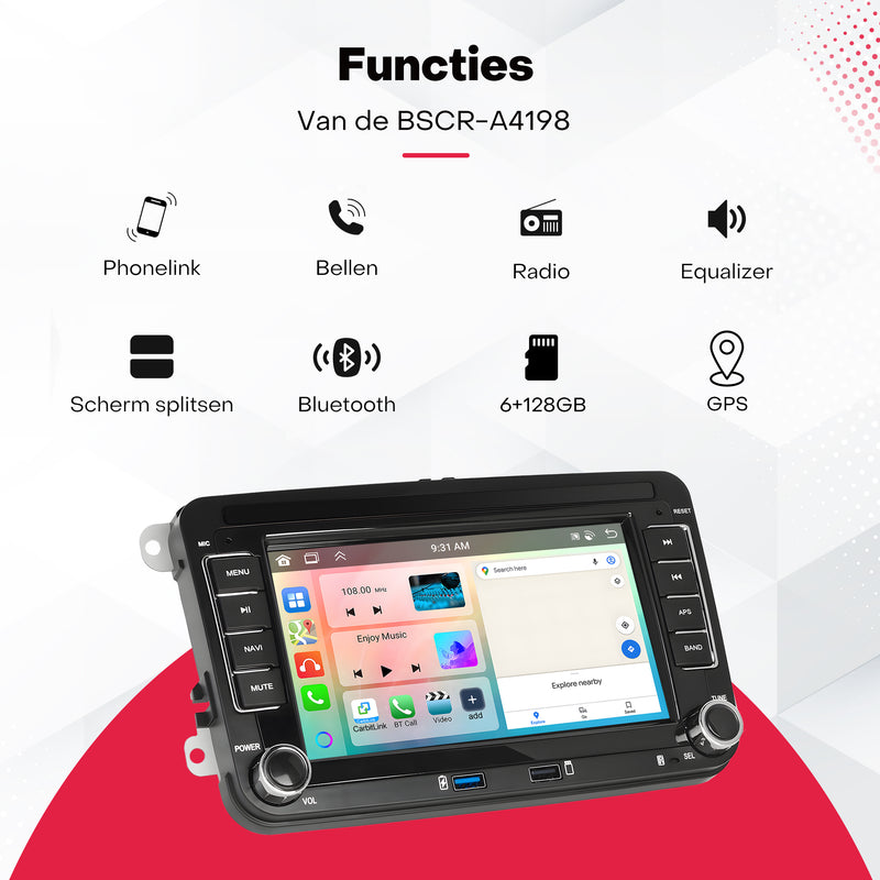 Boscer® Autoradio Geschikt voor Volkswagen, Skoda & Seat - Android 15 - 6+128GB - Apple Carplay & Android Auto - 7 Inch HD Touchscreen - Bluetooth, USB, WiFi & MP5 - Navigatiesysteem - Achteruitrijcamera & Microfoon - 2025 Model