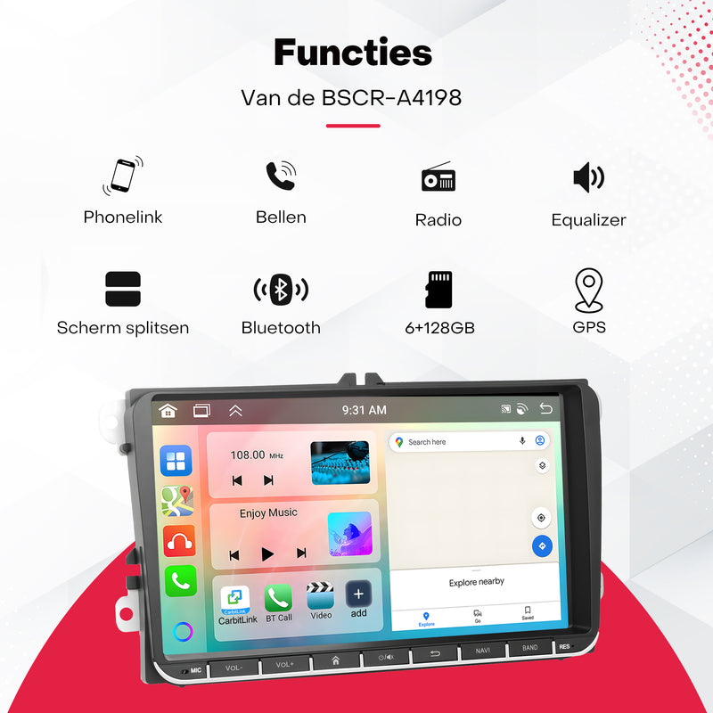 Boscer® Autoradio Geschikt voor Volkswagen, Skoda & Seat - Android 15 - 6+128GB - Apple Carplay & Android Auto - 9 Inch HD Touchscreen - Bluetooth, USB, WiFi & MP5 - Navigatiesysteem - Achteruitrijcamera & Microfoon - 2025 Model