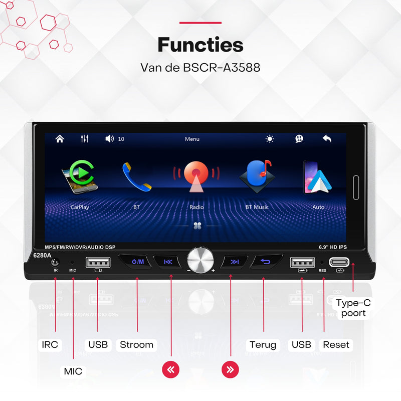 Boscer® Autoradio 1Din Universeel - Android 15 - Apple Carplay & Android Auto (Draadloos) - 6,9 Inch HD Touchscreen - 2+64GB - GPS Navigatiesysteem - USB, USB-C, WIFI, Bluetooth - MP5 - Achteruitrijcamera & Microfoon - 2025 Model