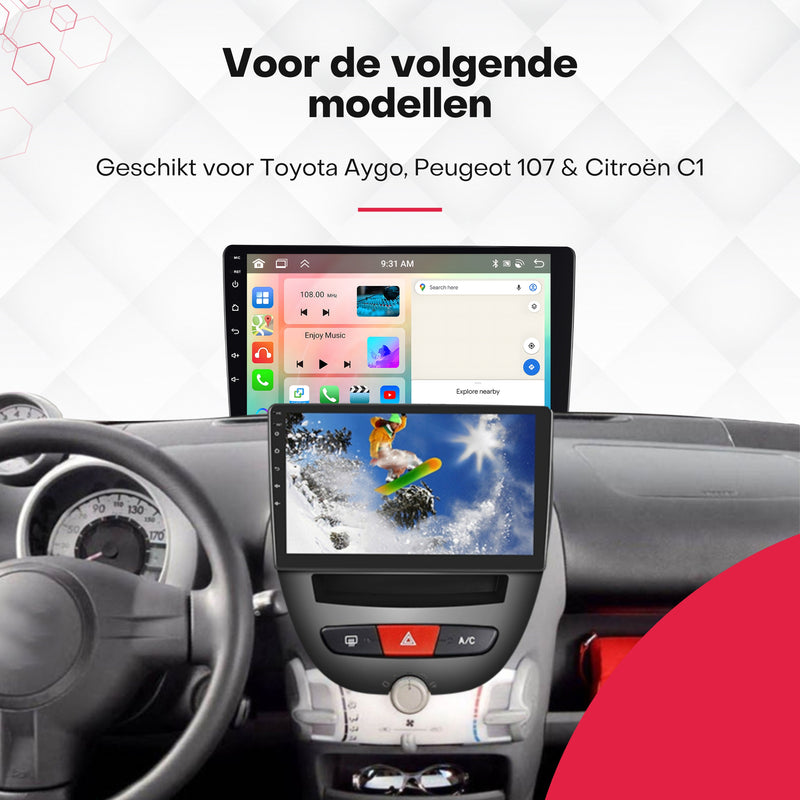 Boscer® Autoradio - Geschikt voor Peugeot 107, Toyota Aygo & Citroen C1 - Android 13 - 4+64GB - Apple Carplay & Android Auto (Draadloos) - 10.1 Inch HD IPS Touchscreen - Bluetooth - GPS Navigatiesysteem - AHD Achteruitrijcamera - 2025 Model