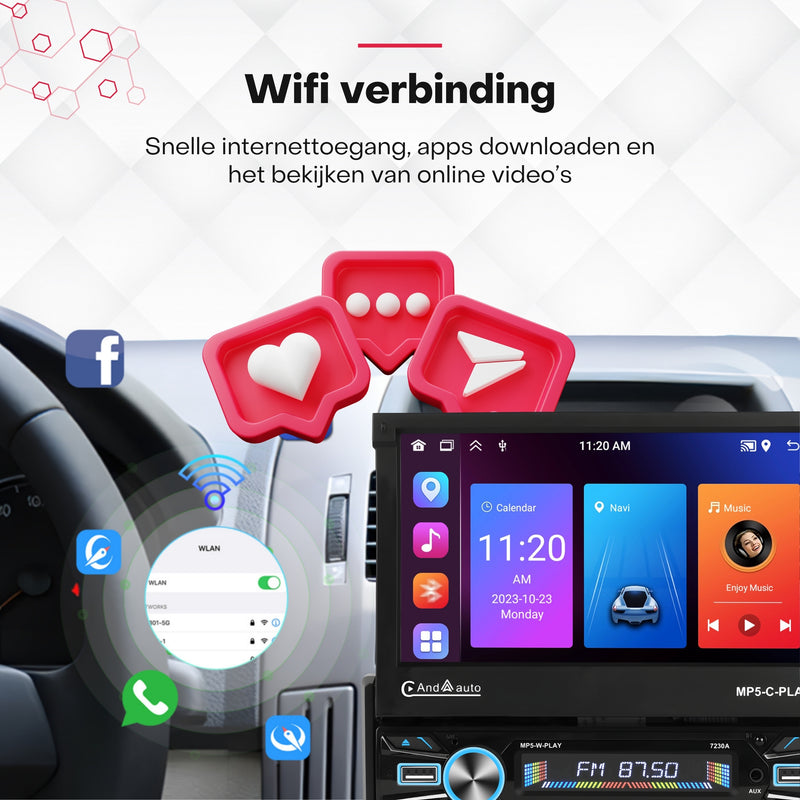 Boscer® 1Din Autoradio - Android 15 - Apple Carplay & Android Auto (Draadloos) - 2+64GB - 7 Inch IPS HD Gemotoriseerd klapscherm - Navigatiesysteem - Bluetooth, Aux, USB, MP5 - GPS - WIFI - Achteruitrijcamera & Microfoon