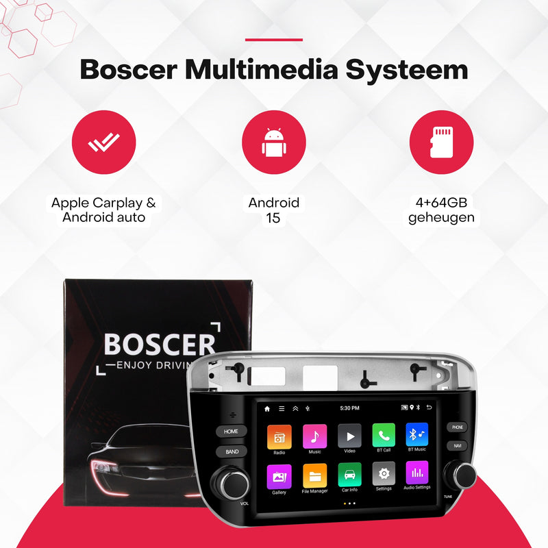 Boscer® Autoradio Geschikt voor Fiat Punto 2012-2016 & Fiat Linea 2012-2015 - Android 15 - 4+64GB - Apple Carplay & Android Auto - 7 Inch HD IPS Touchscreen - GPS Navigatiesysteem - Bluetooth, USB, WiFi & MP5 - Achteruitrijcamera & Microfoon