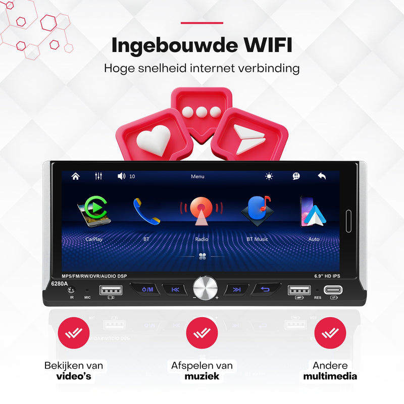 Boscer® Autoradio 1Din Universeel - Android 15 - Apple Carplay & Android Auto (Draadloos) - 6,9 Inch HD Touchscreen - 2+64GB - GPS Navigatiesysteem - USB, USB-C, WIFI, Bluetooth - MP5 - Achteruitrijcamera & Microfoon - 2025 Model