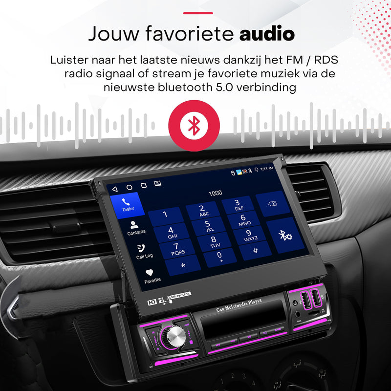 Boscer® 1Din Autoradio - Android 15 - Apple Carplay & Android Auto (Draadloos) - 4+64GB - 7 Inch IPS HD Handmatig Klapscherm - Navigatiesysteem - Bluetooth, Aux, USB, SD & MP5 - GPS - WIFI - Achteruitrijcamera & Microfoon