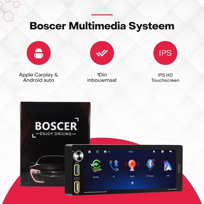 Boscer® 1Din Autoradio Universeel - 6,9 Inch HD Touchscreen - Apple Carplay & Android Auto (Draadloos) - Bluetooth, USB, USB-C & MP5 - AHD Achteruitrijcamera, Stuurwieladapter & Externe Microfoon - 2025 Model