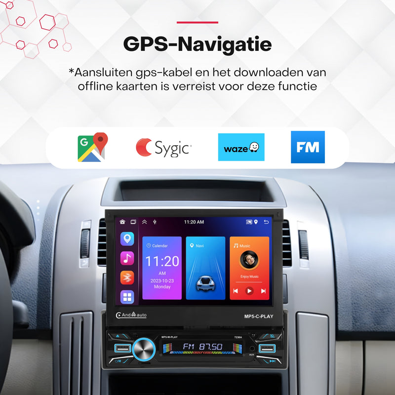 Boscer® 1Din Autoradio - Android 15 - Apple Carplay & Android Auto (Draadloos) - 2+64GB - 7 Inch IPS HD Gemotoriseerd klapscherm - Navigatiesysteem - Bluetooth, Aux, USB, MP5 - GPS - WIFI - Achteruitrijcamera & Microfoon