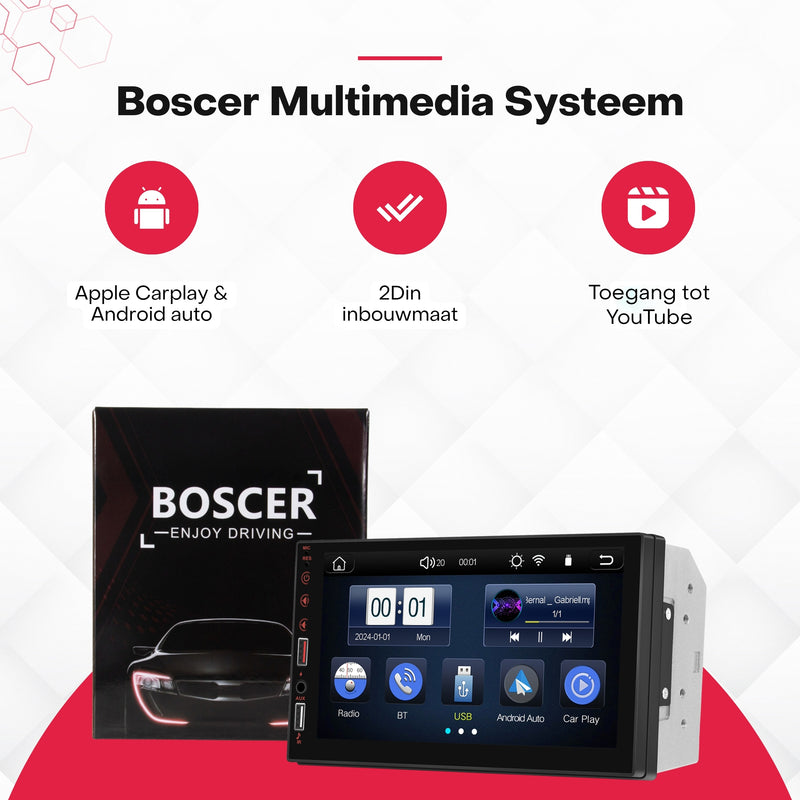 Boscer® Autoradio 2Din Universeel - Apple Carplay & Android Auto (Draadloos) - 7 Inch HD IPS Touchscreen - USB - AUX - Bluetooth - Toegang tot YouTube - Achteruitrijcamera - 2025 Model