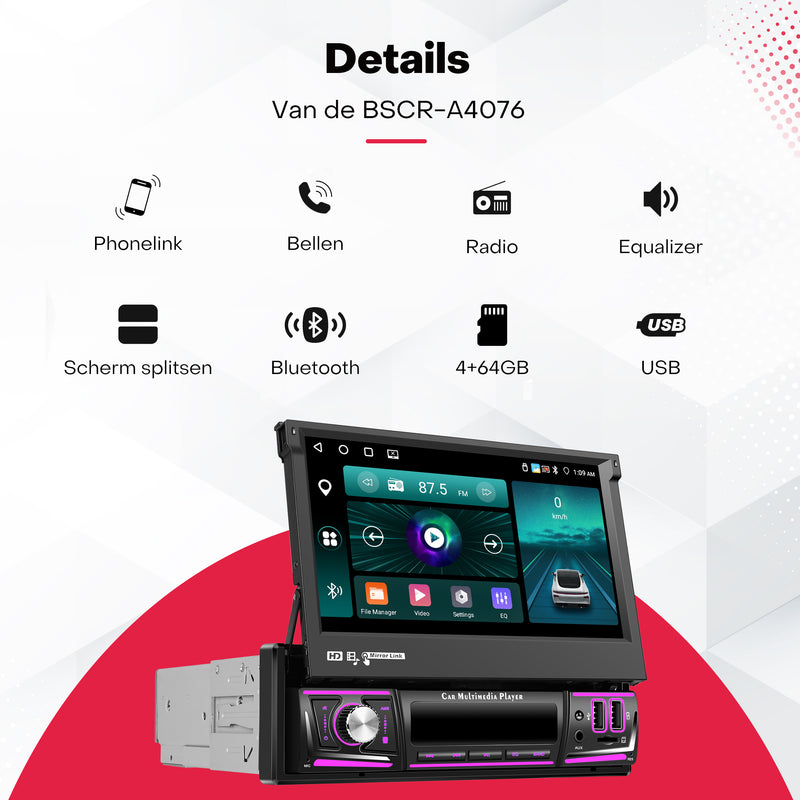 Boscer® 1Din Autoradio - Android 15 - Apple Carplay & Android Auto (Draadloos) - 4+64GB - 7 Inch IPS HD Handmatig Klapscherm - Navigatiesysteem - Bluetooth, Aux, USB, SD & MP5 - GPS - WIFI - Achteruitrijcamera & Microfoon