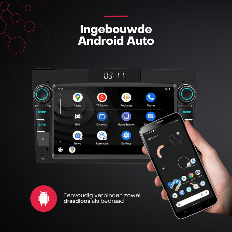 Boscer® Autoradio Geschikt voor Opel - Android 13 - Apple Carplay & Android Auto (Draadloos) - 2+64GB - 7 Inch HD Touchscreen - GPS, Bluetooth, USB, SD & MP5 - Navigatiesysteem - Grijs - Demontagesleutels, Achteruitrijcamera & Microfoon