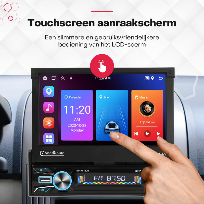 Boscer® 1Din Autoradio - Android 15 - Apple Carplay & Android Auto (Draadloos) - 2+64GB - 7 Inch IPS HD Gemotoriseerd klapscherm - Navigatiesysteem - Bluetooth, Aux, USB, MP5 - GPS - WIFI - Achteruitrijcamera & Microfoon