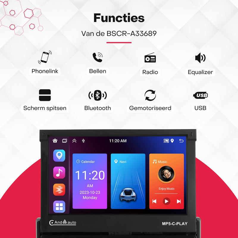 Boscer® 1Din Autoradio - Android 15 - Apple Carplay & Android Auto (Draadloos) - 2+64GB - 7 Inch IPS HD Gemotoriseerd klapscherm - Navigatiesysteem - Bluetooth, Aux, USB, MP5 - GPS - WIFI - Achteruitrijcamera & Microfoon