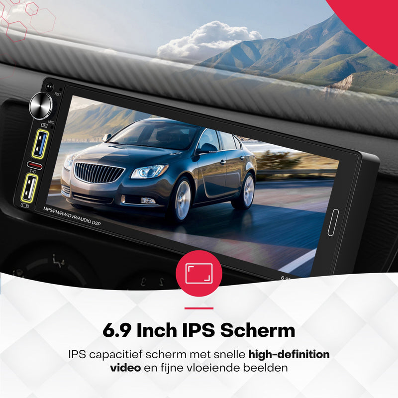 Boscer® 1Din Autoradio Universeel - 6,9 Inch HD Touchscreen - Apple Carplay & Android Auto (Draadloos) - Bluetooth, USB, USB-C & MP5 - AHD Achteruitrijcamera, Stuurwieladapter & Externe Microfoon - 2025 Model
