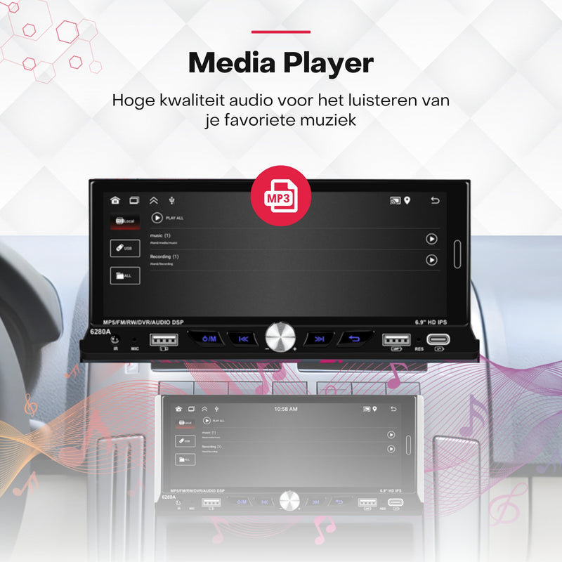 Boscer® Autoradio 1Din Universeel - Android 15 - Apple Carplay & Android Auto (Draadloos) - 6,9 Inch HD Touchscreen - 2+64GB - GPS Navigatiesysteem - USB, USB-C, WIFI, Bluetooth - MP5 - Achteruitrijcamera & Microfoon - 2025 Model