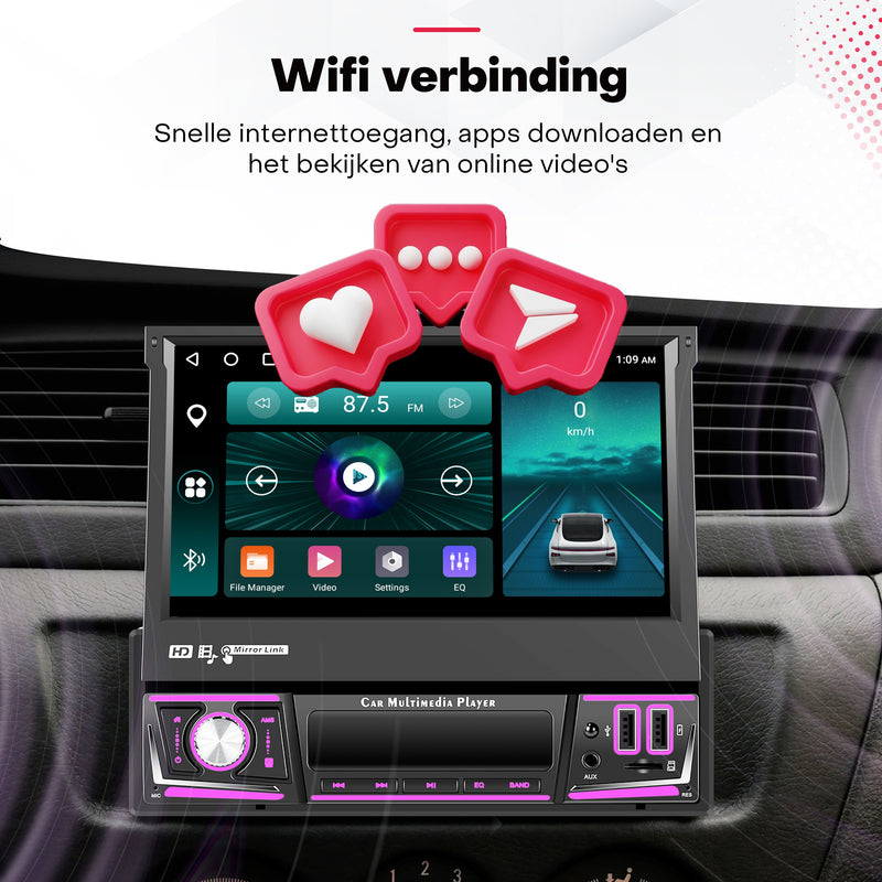 Boscer® 1Din Autoradio - Android 15 - Apple Carplay & Android Auto (Draadloos) - 4+64GB - 7 Inch IPS HD Handmatig Klapscherm - Navigatiesysteem - Bluetooth, Aux, USB, SD & MP5 - GPS - WIFI - Achteruitrijcamera & Microfoon