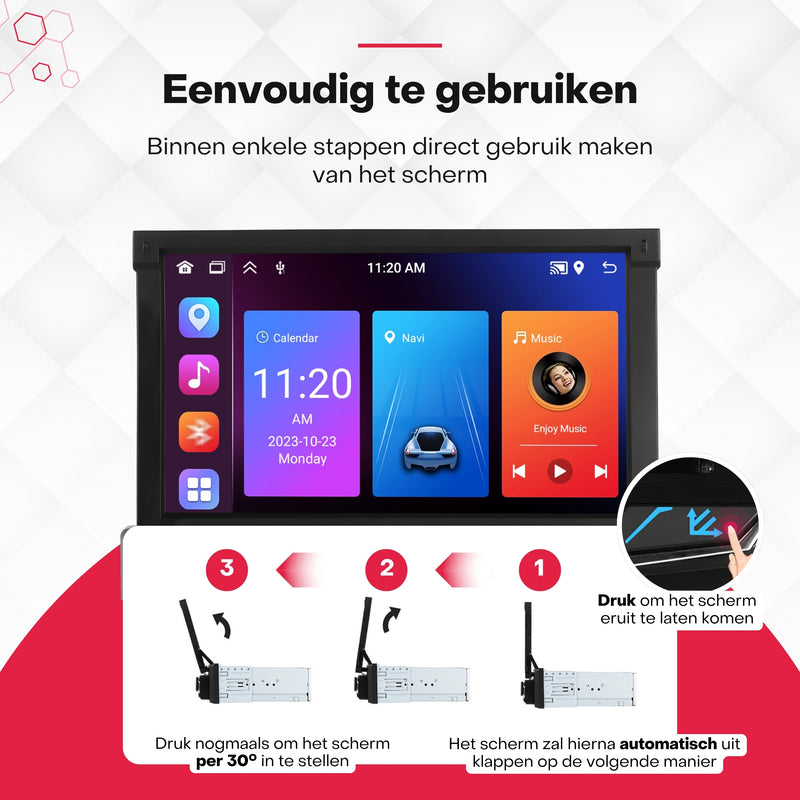 Boscer® 1Din Autoradio - Android 15 - Apple Carplay & Android Auto (Draadloos) - 2+64GB - 7 Inch IPS HD Gemotoriseerd klapscherm - Navigatiesysteem - Bluetooth, Aux, USB, MP5 - GPS - WIFI - Achteruitrijcamera & Microfoon