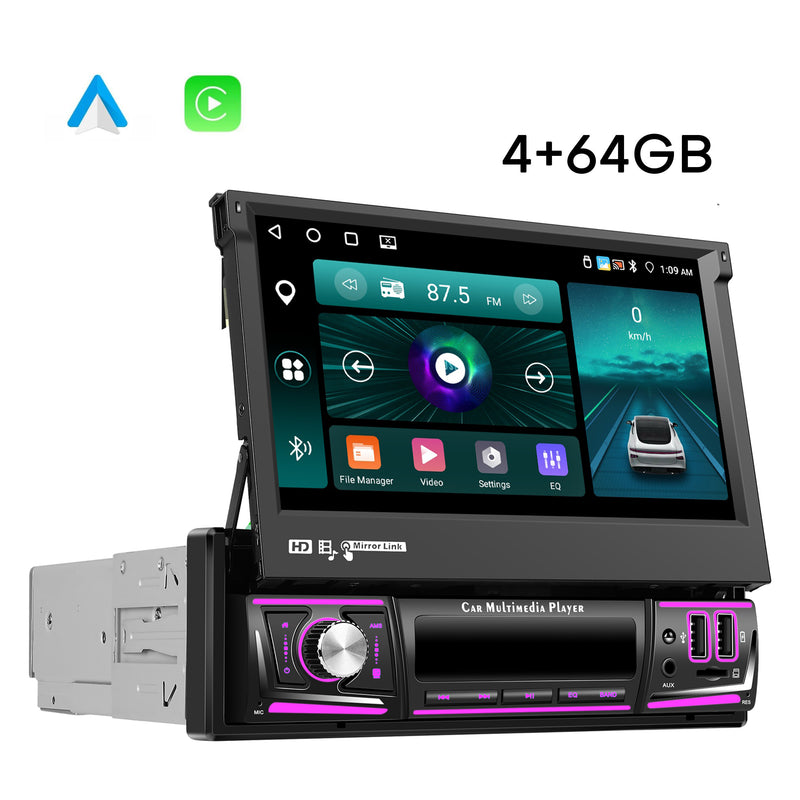 Boscer® 1Din Autoradio - Android 15 - Apple Carplay & Android Auto (Draadloos) - 4+64GB - 7 Inch IPS HD Handmatig Klapscherm - Navigatiesysteem - Bluetooth, Aux, USB, SD & MP5 - GPS - WIFI - Achteruitrijcamera & Microfoon