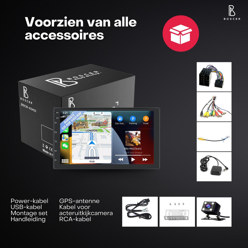 Boscer® Autoradio 2Din Universeel - Android 15 - Apple Carplay & Android Auto (Draadloos) - 6+128GB - 7 Inch HD Touchscreen - GPS Navigatiesysteem - Achteruitrijcamera & Microfoon