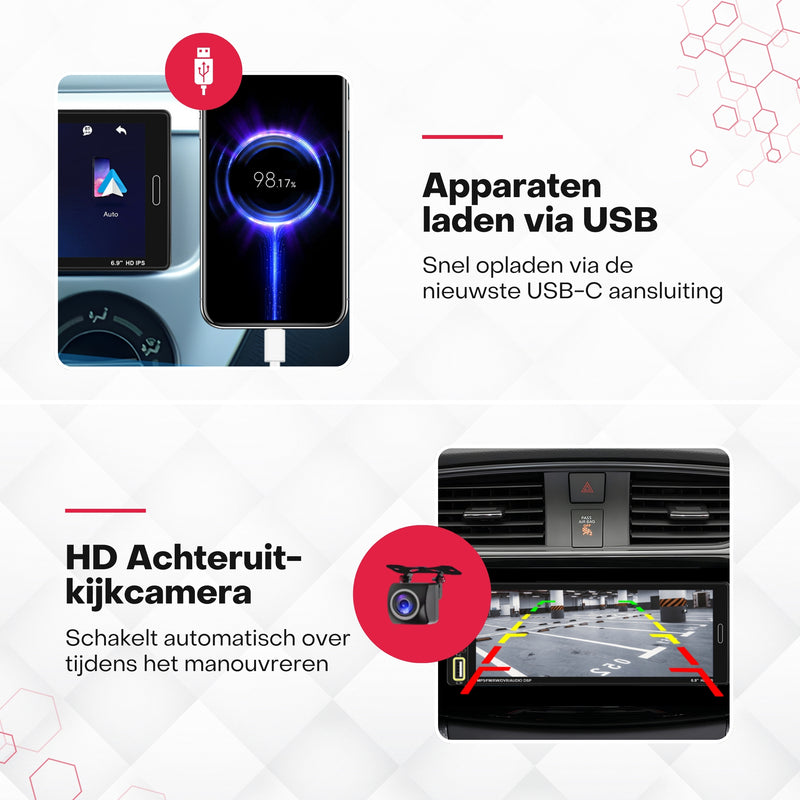 Boscer® 1Din Autoradio Universeel - 6,9 Inch HD Touchscreen - Apple Carplay & Android Auto (Draadloos) - Bluetooth, USB, USB-C & MP5 - AHD Achteruitrijcamera, Stuurwieladapter & Externe Microfoon - 2025 Model