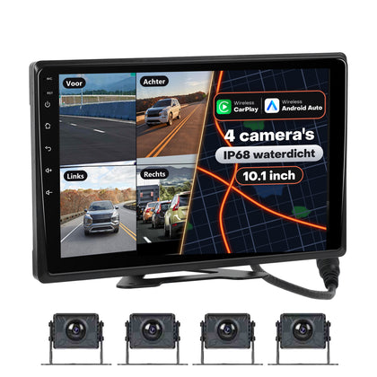 Boscer 10.1 Inch Android 4-Wegs Camera Monitor - 4x Waterproof IP68 Camera - Apple Carplay & Android Auto (Draadloos) - Android 13 - 2+32GB - WiFi, Bluetooth & Radio - Geschikt voor Camper, Auto & Vrachtwagen
