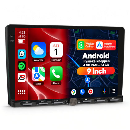 Boscer 2-DIN Autoradio Universeel | 9 inch CarPlay & Android Auto draadloos | Android 15 | Fysiek bedieningspaneel | 4+64GB