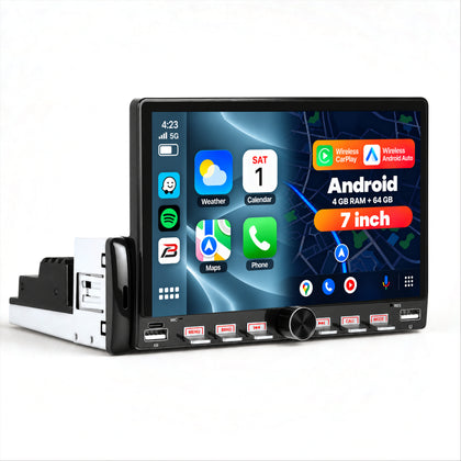 Boscer 1-DIN Autoradio Universeel | 7 inch CarPlay & Android Auto | Android 15 | Fysiek bedieningspaneel | 4+64GB