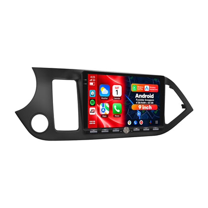 Boscer Autoradio geschikt voor Kia Picanto 2011-2017 | 9 inch CarPlay & Android Auto draadloos | Android 15 | Fysiek bedieningspaneel | 4+64GB