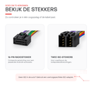 Detail van de 16-pins radiostekker en de twee ISO-stekkers van de Boscer adapterkabel