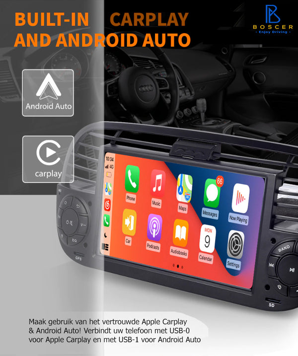 Boscer® Autoradio - Geschikt voor Fiat 500 2007-2015 - Apple Carplay & Android Auto - Android 13 - 7'' Navigatiesysteem - Zwart - Achteruitrijcamera