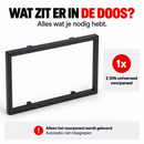 Inhoud van de verpakking met één universeel zwart 2 DIN afdekframe