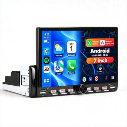Boscer 1-DIN Autoradio Universeel | 7 inch CarPlay & Android Auto draadloos | Android 15 | Fysiek bedieningspaneel | 4+64GB