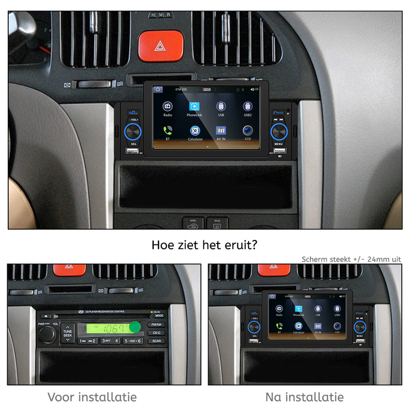 1Din Autoradio | 5' HD Touchscreen | Apple Carplay & Android Auto | Bluetooth, USB & MP5 | Achteruitrijcamera & Externe Microfoon