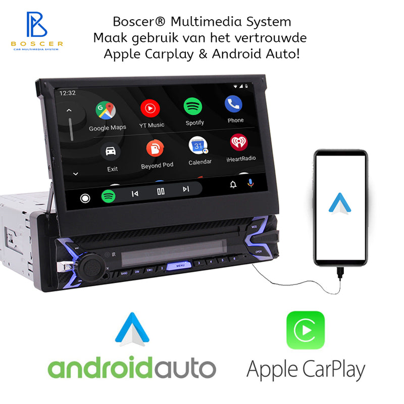 1Din Autoradio | Apple Carplay & Android Auto | 7' HD Automatisch Klapscherm | Motor Klapscherm | USB, Aux, Bluetooth | MP5 | Achteruitrijcamera