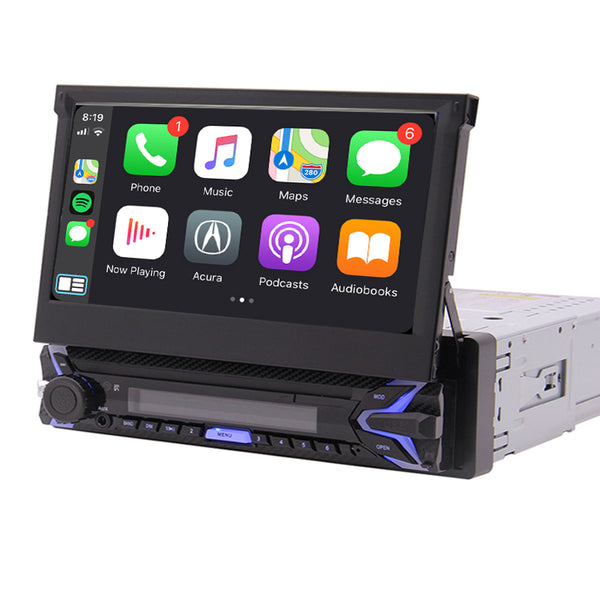 1Din Autoradio | Apple Carplay & Android Auto | 7' HD Automatisch Klapscherm | Motor Klapscherm | USB, Aux, Bluetooth | MP5 | Achteruitrijcamera